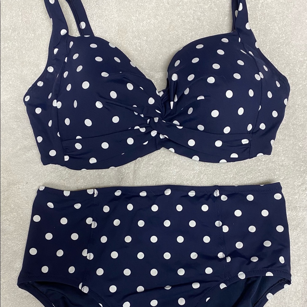 Two piece navy and white bathing suit. NEW